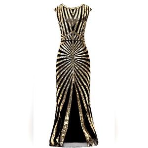 Gold 1920s Sequin Art Deco Maxi Dress